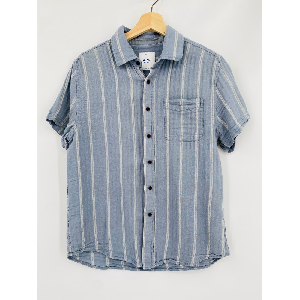 Katin Button Down Shirt Mens Small Blue Striped Short Sleeve Linen Blend